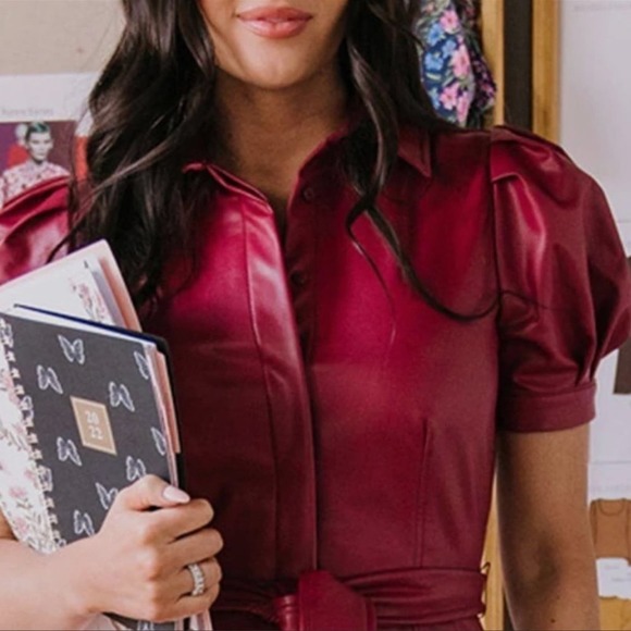 Rachel Parcell Red Vegan Leather Puff Sleeve Belted Collared Dress Size XXS NWT - Picture 2 of 8